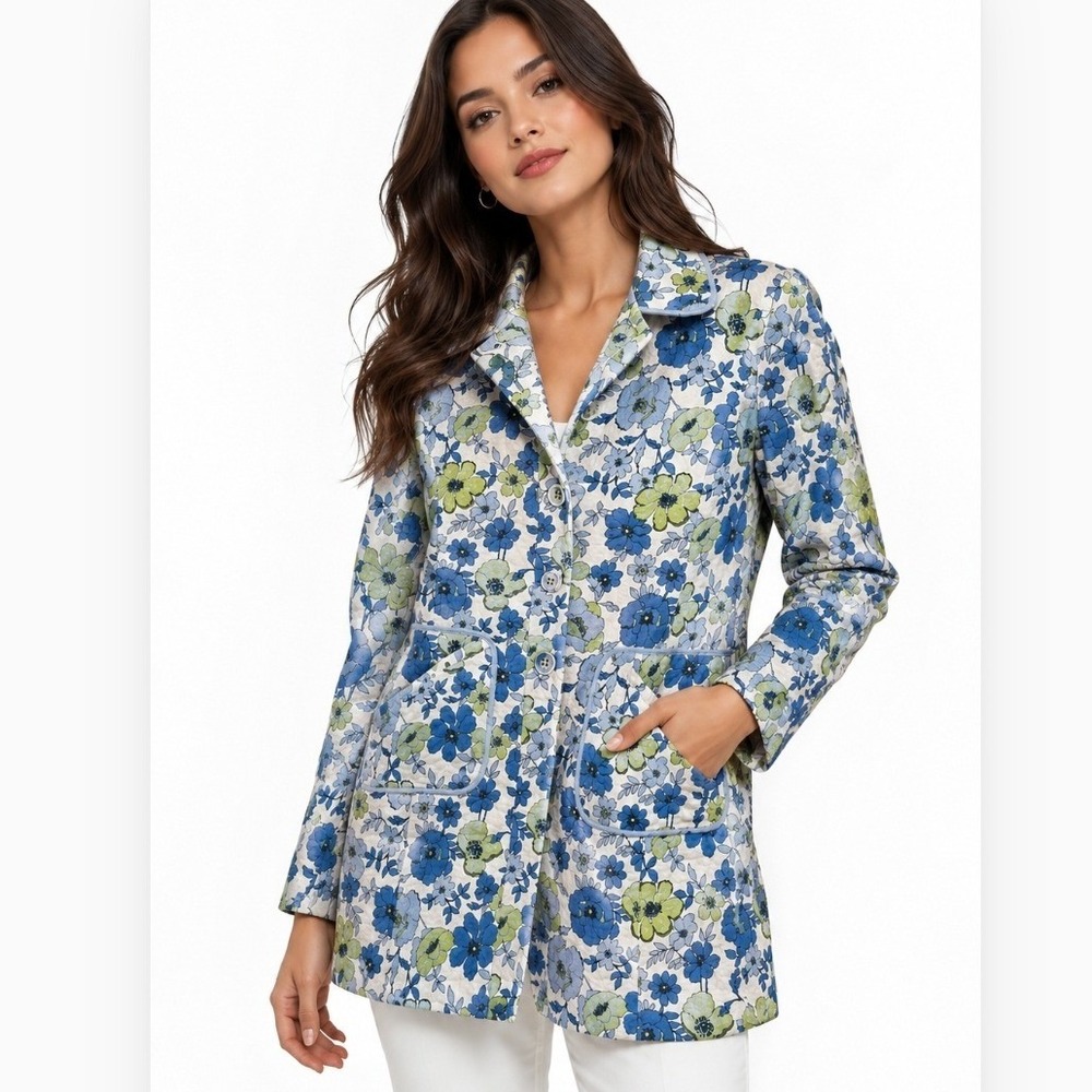 Nine West Coat Womens Medium Blue Green Floral Button Front Cotton Trench Jacket